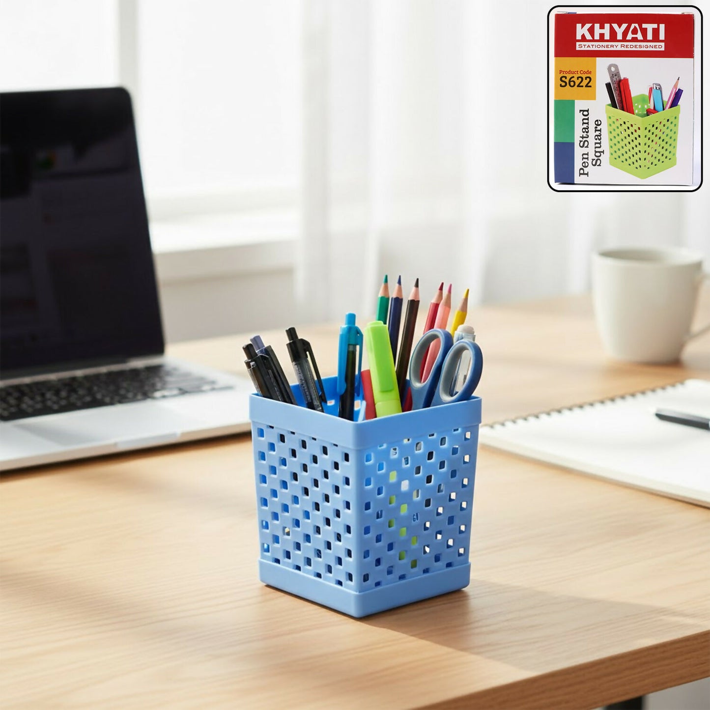 Square Pen Stand for Desk Organization with Open Design for Pens, Pencils and Stationery Use