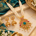Gold Plated Temple Necklace Set with Multicolour Kundan Pendant and Jhumka Earrings