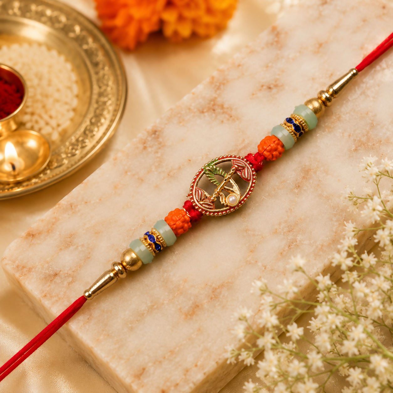A red string bracelet with a central gold-colored oval charm featuring a flute and peacock feather design, flanked by orange