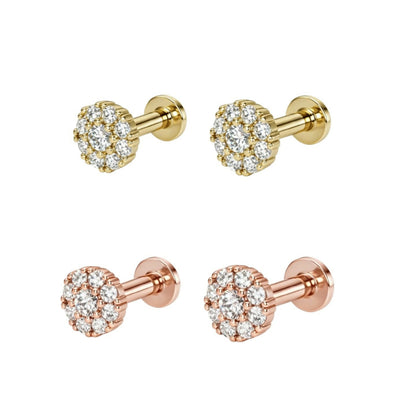 Two pairs of flower cluster stud earrings in gold and rose gold plating displayed on white background