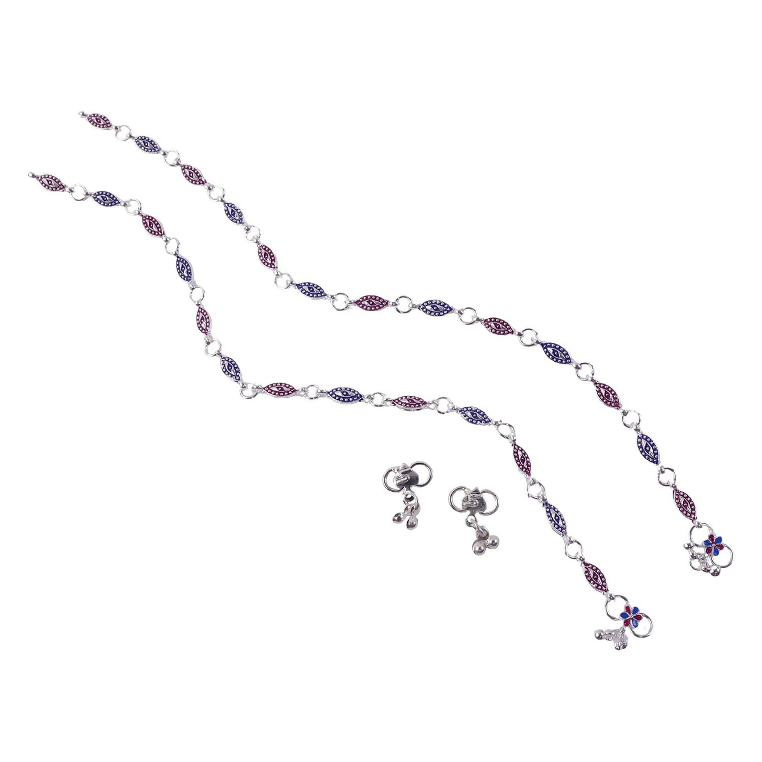 Elegant Silver Enamel Leaf Anklet Pair with Floral Charm