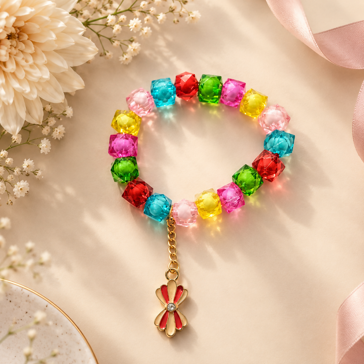 A single colorful beaded bracelet with a red and gold bow charm rests on a cream surface next to a white flower.