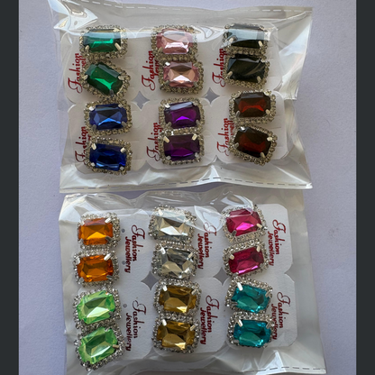 Graphic showing '12 PAIRS' & 'EMERALD CUT' for crystal stud earrings.