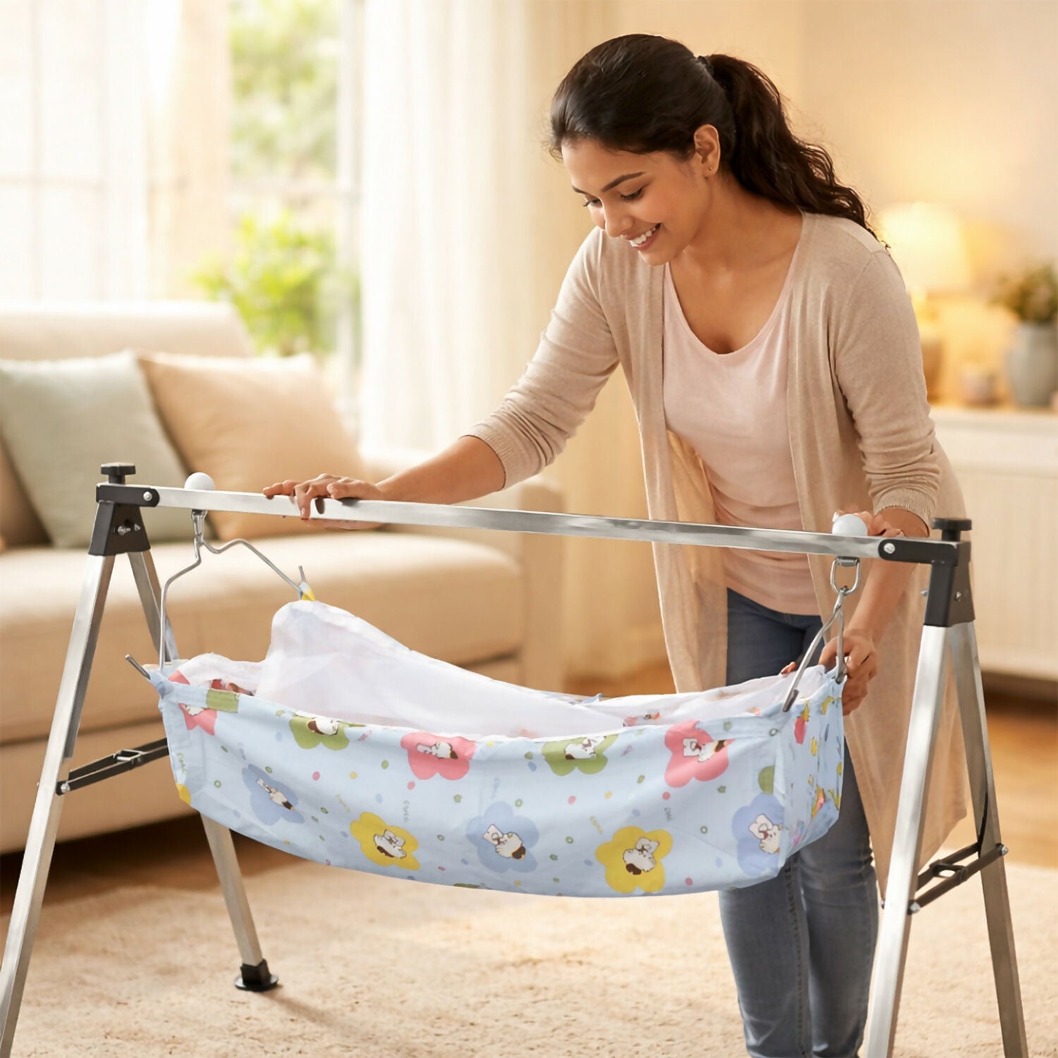 Baby hammock cradle made with soft fabric and foldable metal stand for safe, comfortable sleep