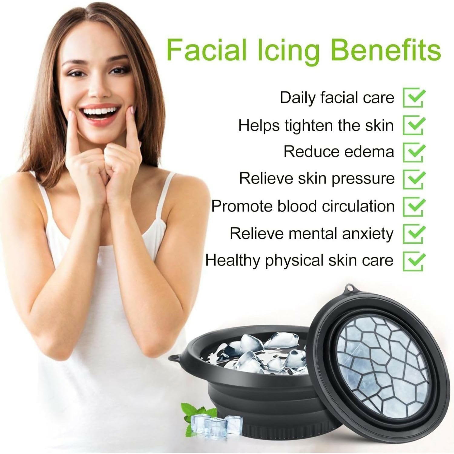 A smiling woman holds her cheeks next to an open black silicone ice mold filled with crushed ice.
