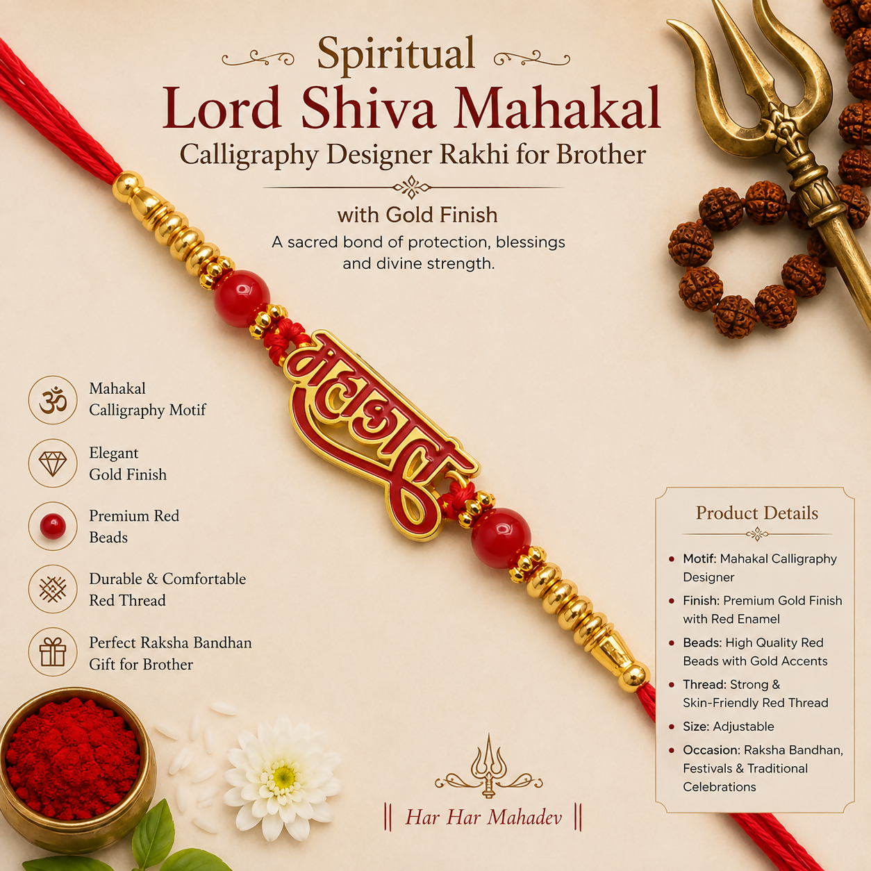 A red thread with a gold and red Mahakal calligraphy charm is shown with product details and spiritual text on a light