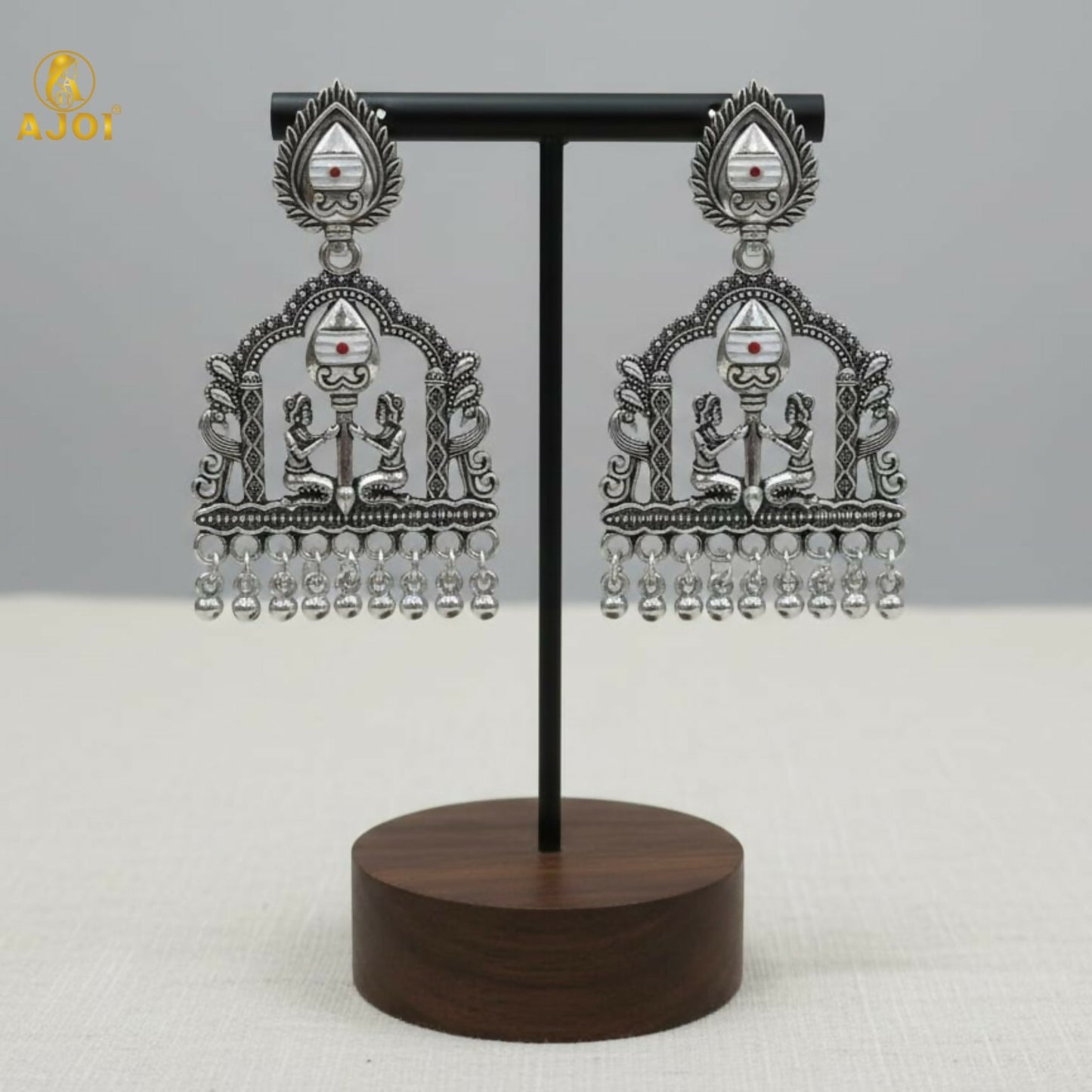 Shivarpan White Pearl Oxidized Silver Temple Earrings
