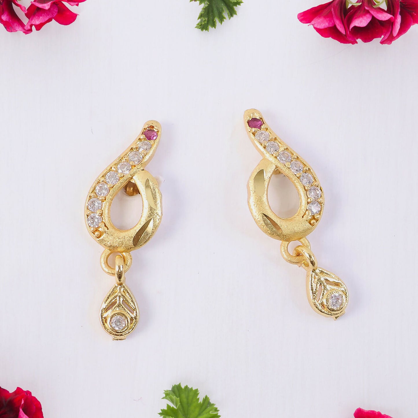 Minimal Curved Leaf Gold Earrings With Crystal Line Work And Small Drop Detailing