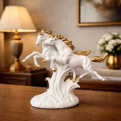 Running Horse Pair Showpiece for Home Decor | White & Gold Finish