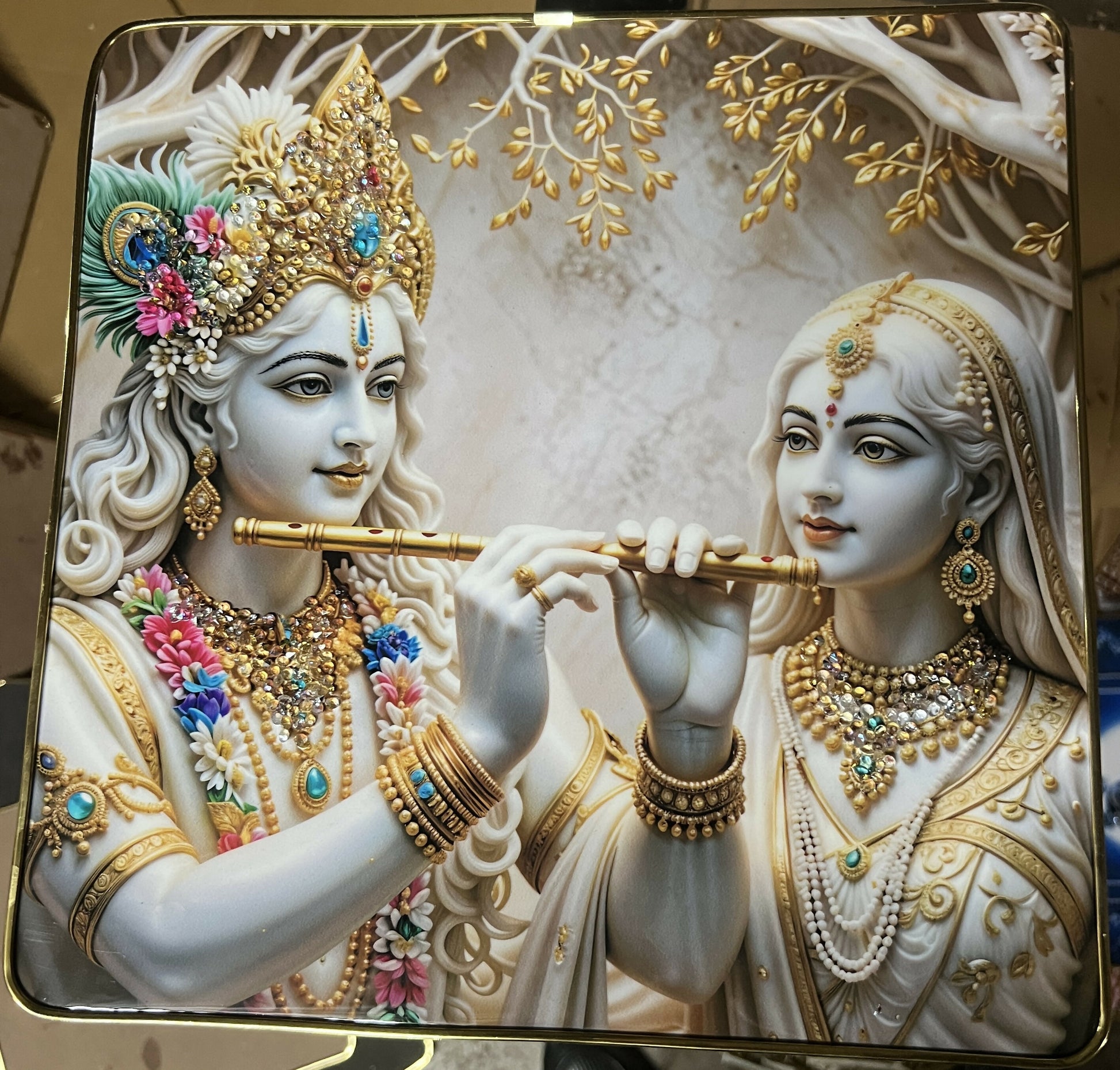 Glossy gold-tone frame 3D Radha Krishna crystal wall art 12x12 inch