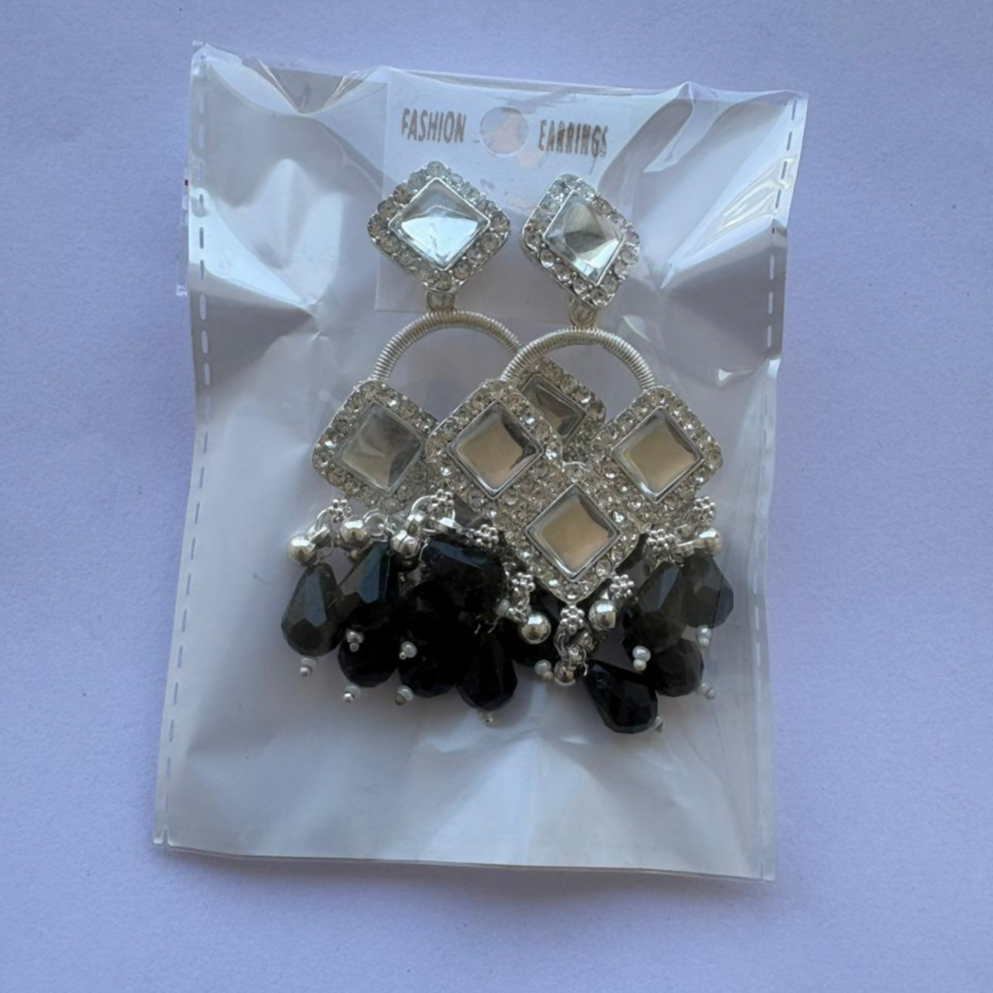 Elegant Silver Plated Chandelier Earrings Featuring Square Crystals and Black Teardrop Beads