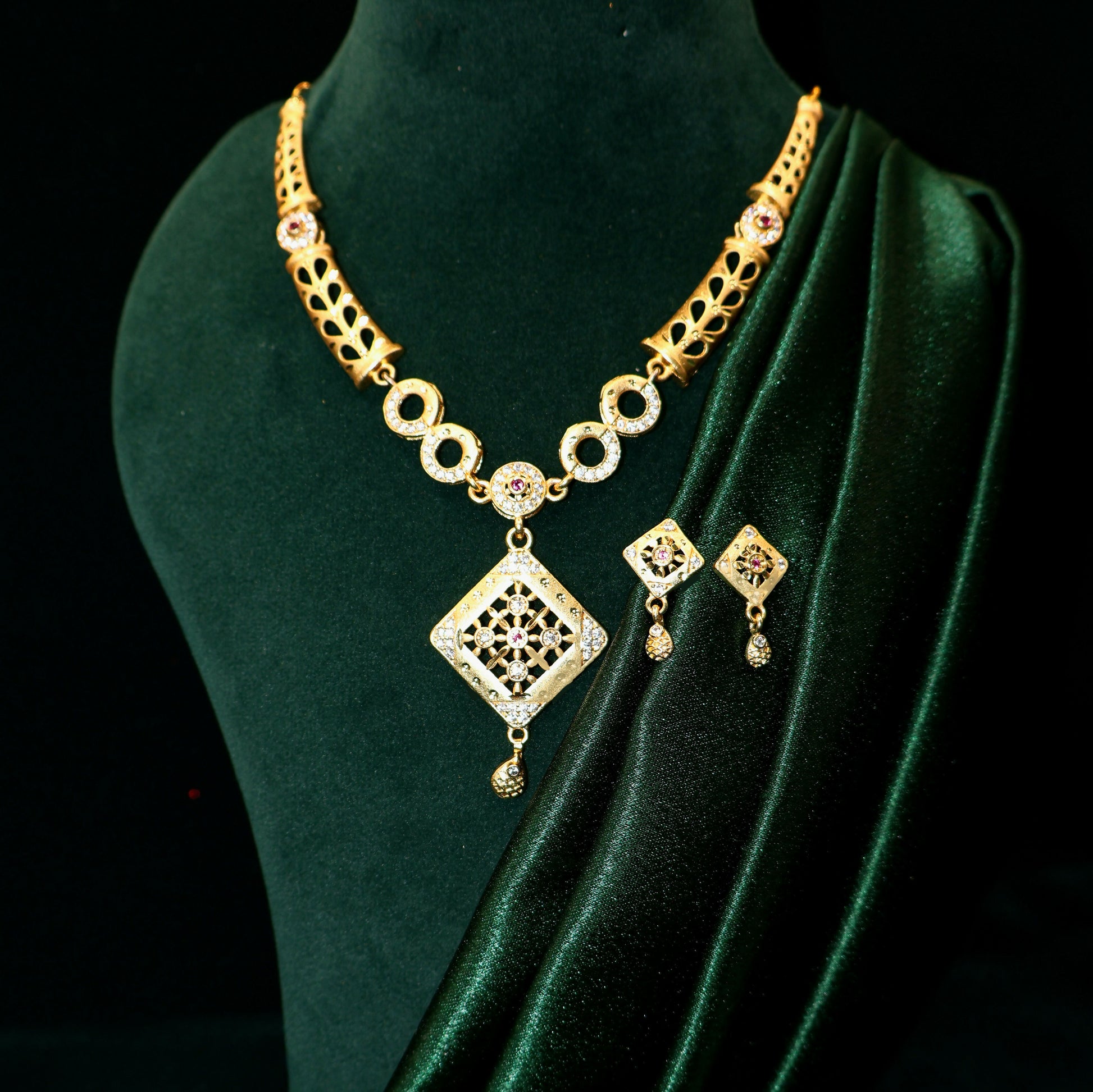 Gold Plated Square Pendant Necklace Set with AD Stones & Filigree Design