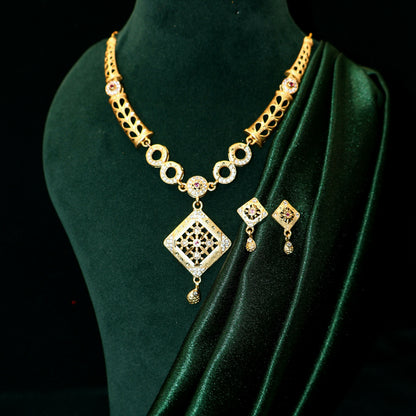 Gold Plated Square Pendant Necklace Set with AD Stones & Filigree Design