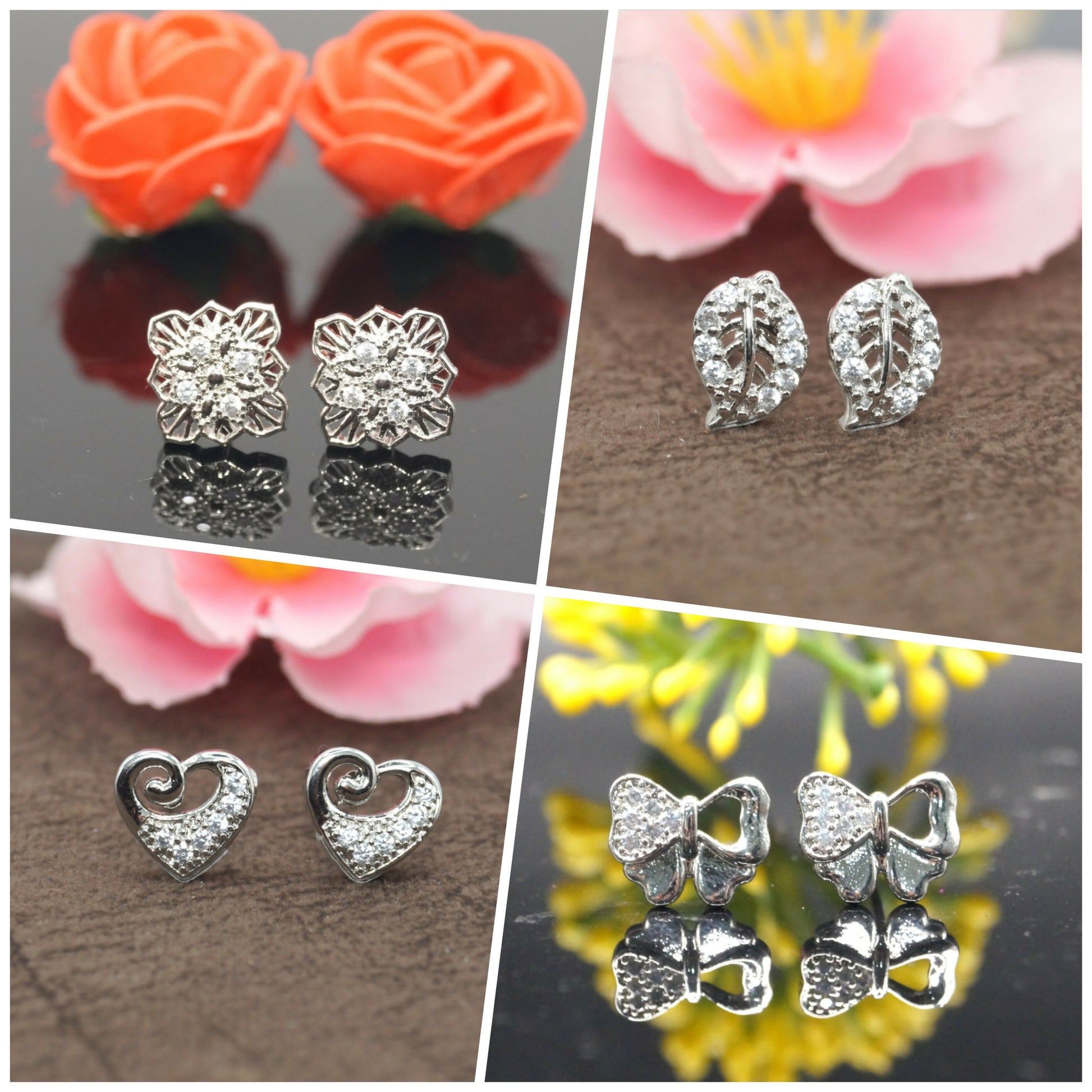 Silver zircon stud earrings set featuring heart, flower, leaf, and bow designs