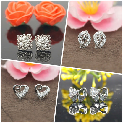 Silver zircon stud earrings set featuring heart, flower, leaf, and bow designs