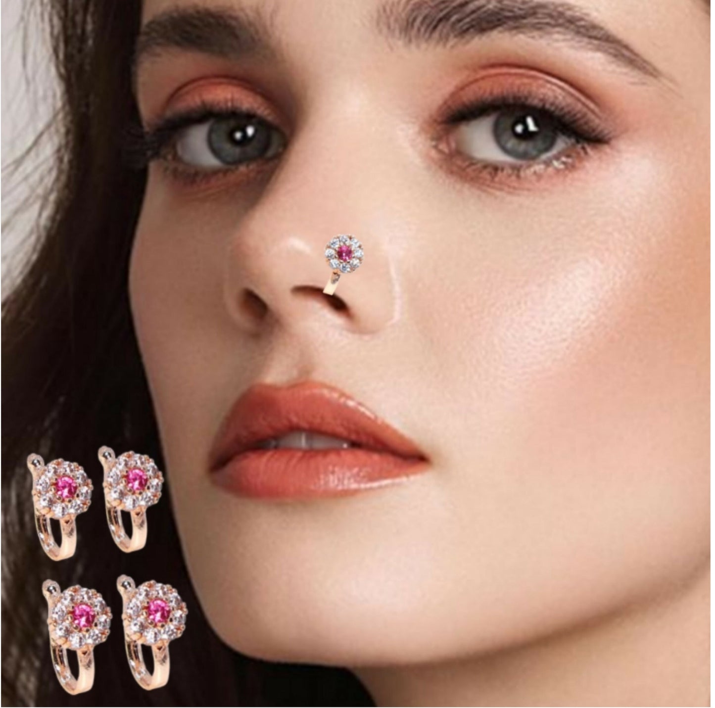 Rose Gold Plated Ruby Floral Non-Piercing Clip-On Nose Pin Combo Pack of 4