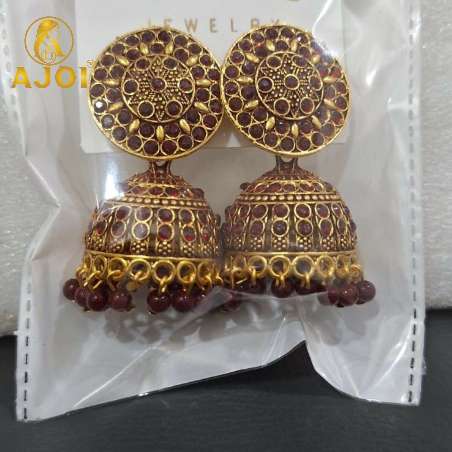 Antique Gold Maroon Stone Jhumka Earrings Traditional Ethnic Design