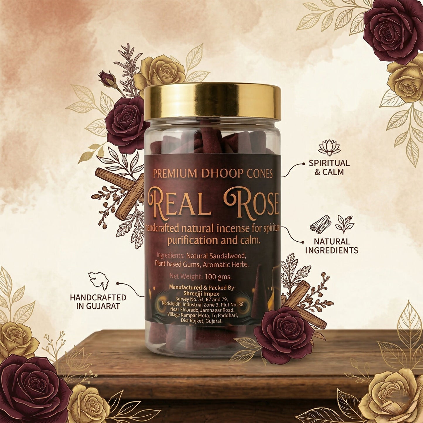 Close-up of Real Rose Premium Dhoop Cones
