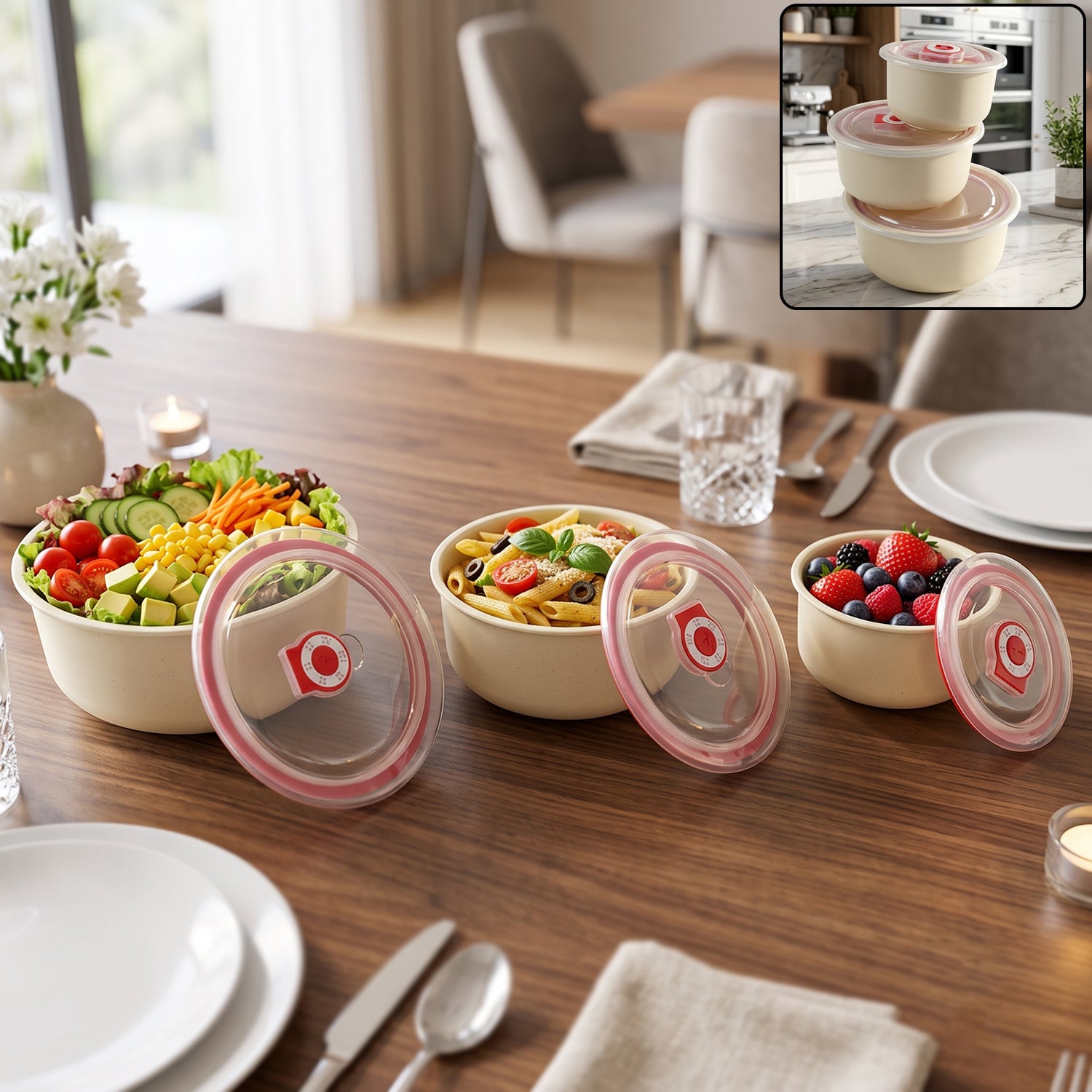 Multipurpose Plastic Bowl Set with Vented Lids for Kitchen Storage (3 Pc Set)