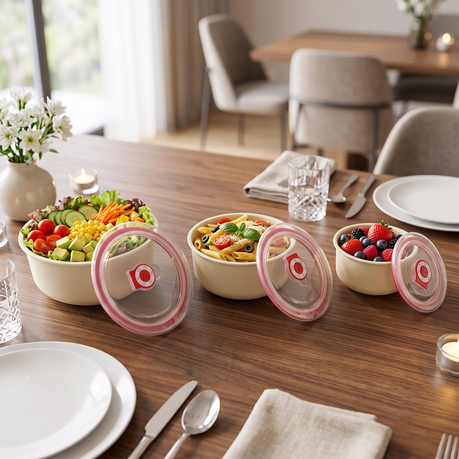 Multipurpose Plastic Bowl Set with Vented Lids for Kitchen Storage (3 Pc Set)