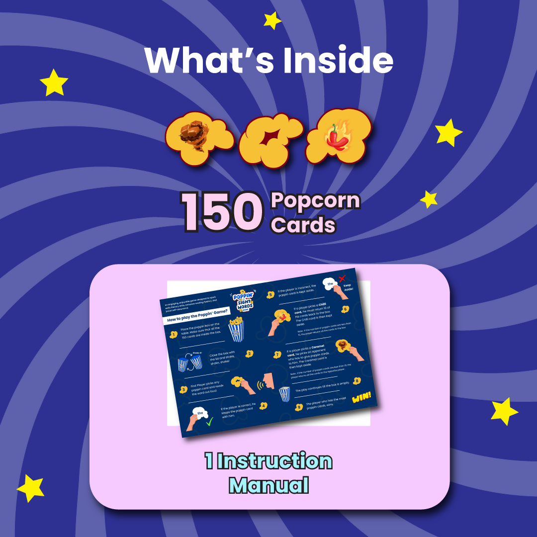 Closeup of popcorn-shaped sight words cards from the Sight Words Game for children