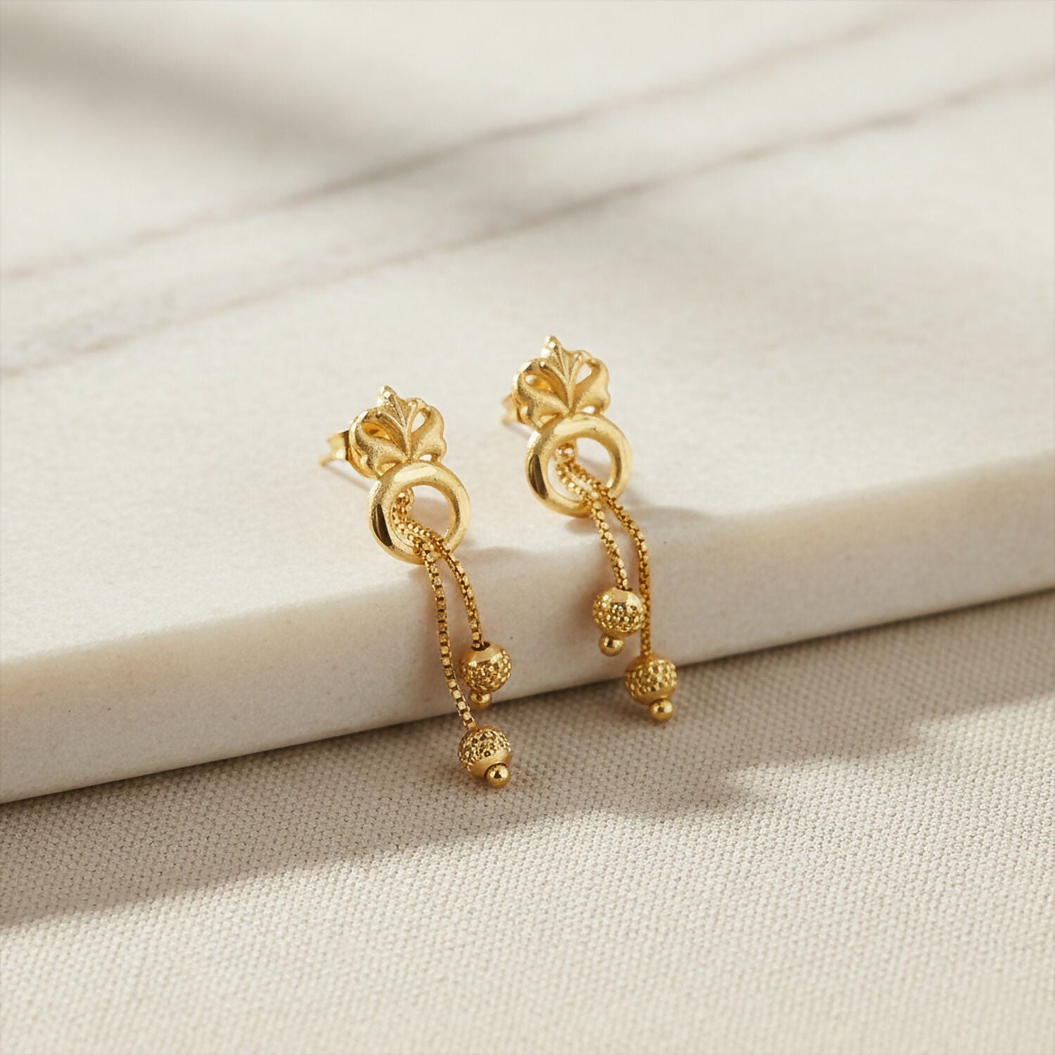 Elegant Gold-Toned Floral Drop Earrings Set with Chain Danglers & Beads (2 Pair)