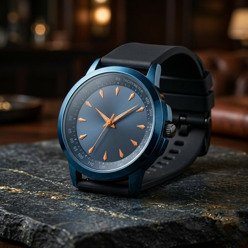A blue watch with a black strap and gold hour markers is displayed on a dark, rough stone surface.