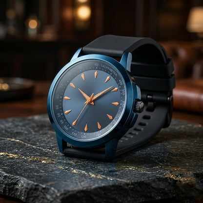 A blue watch with a black strap and gold hour markers is displayed on a dark, rough stone surface.