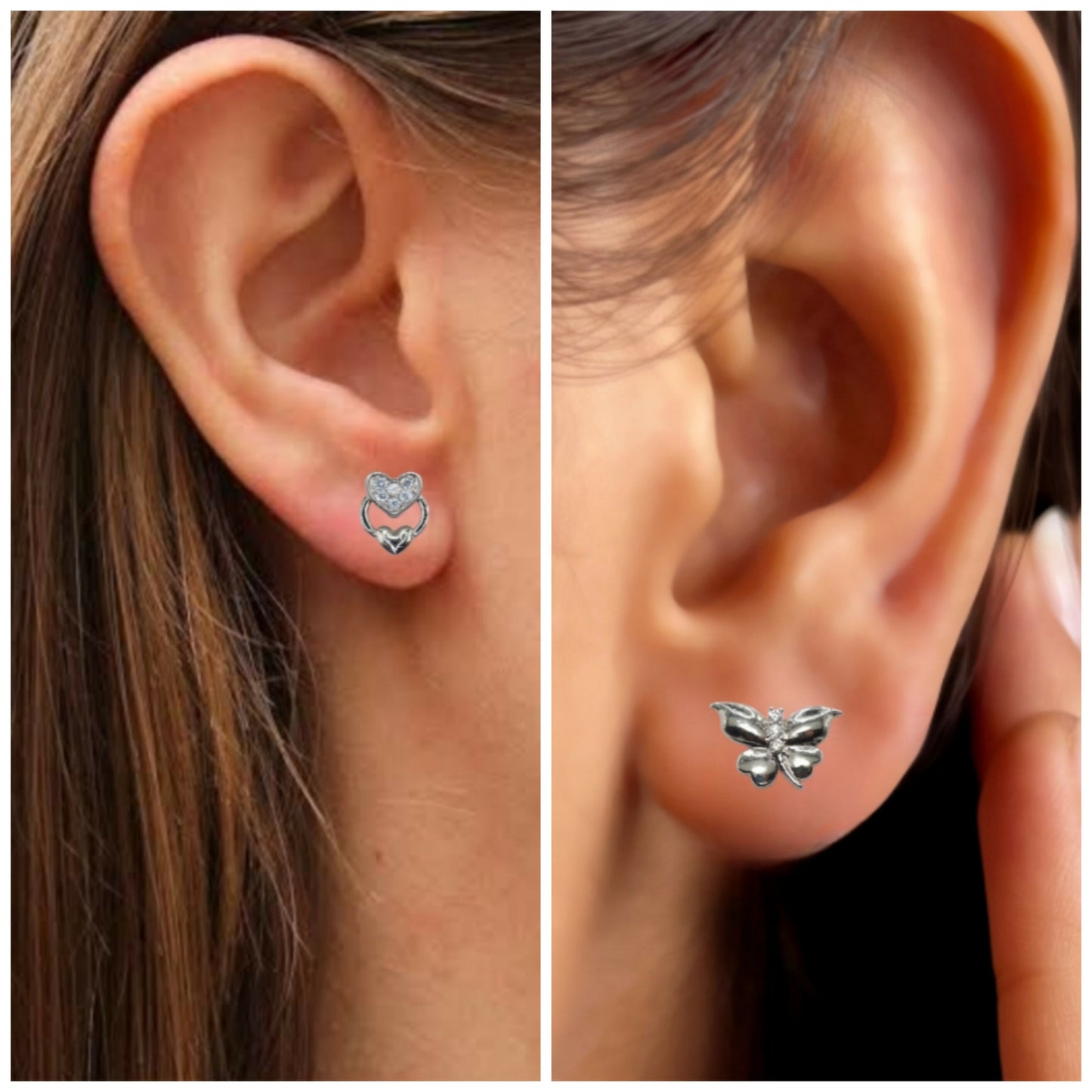 Silver butterfly stud earring featuring single clear stone accent