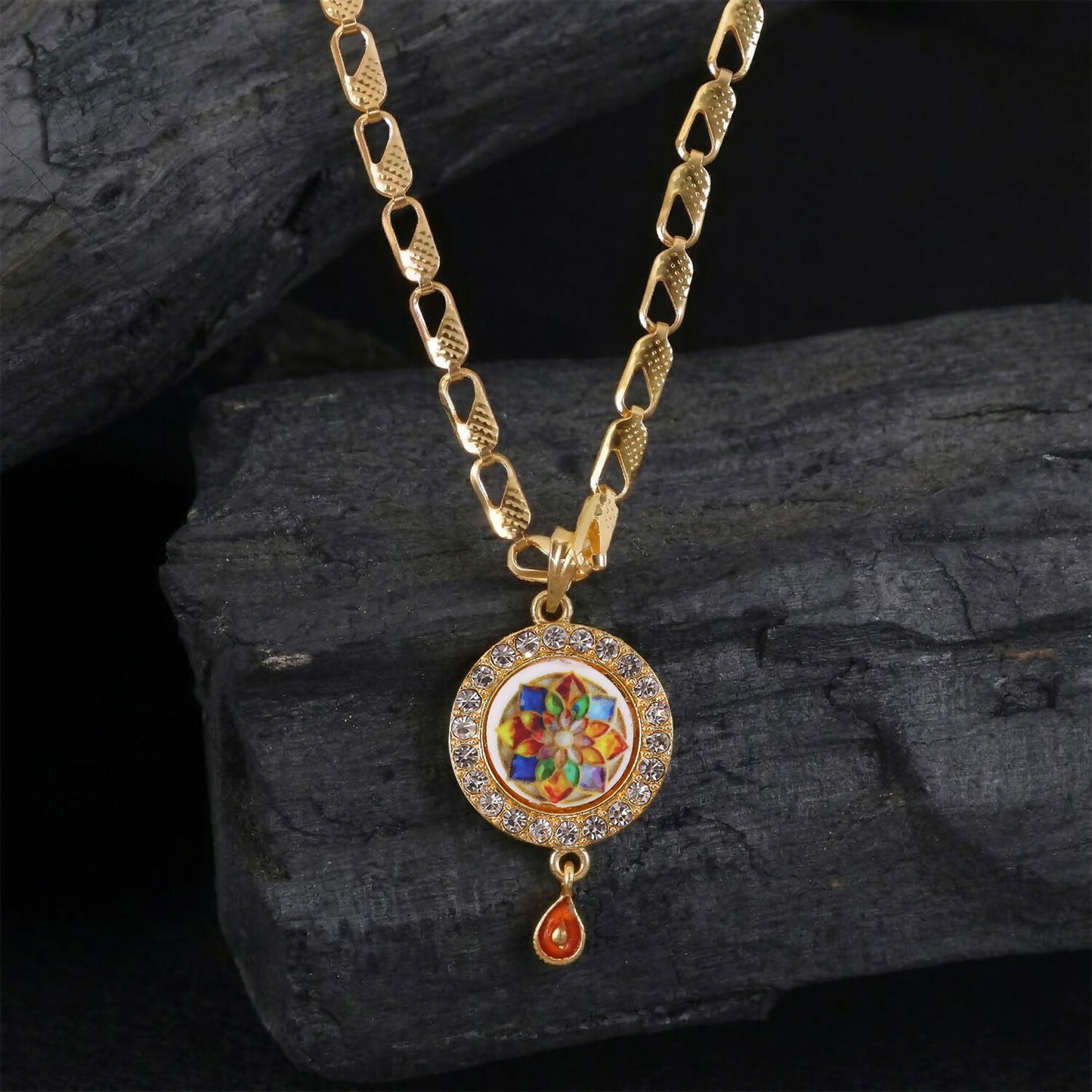 Designer Gold Pendant Necklace with Colorful Stone Mandala