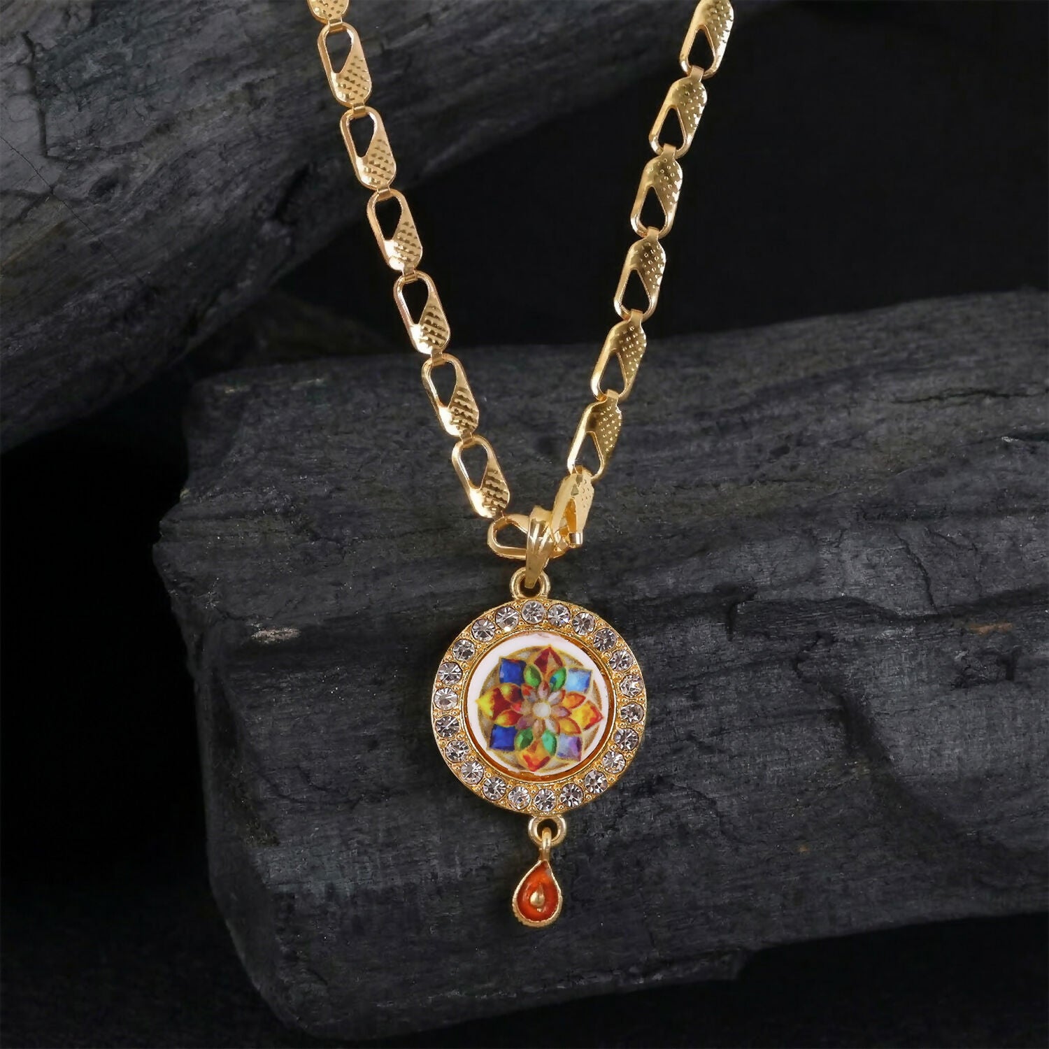 Designer Gold Pendant Necklace with Colorful Stone Mandala