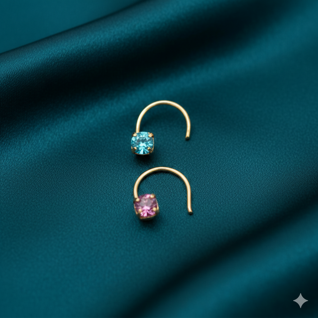 Emerald green and clear crystal gold plated nose pin set with vibrant stones