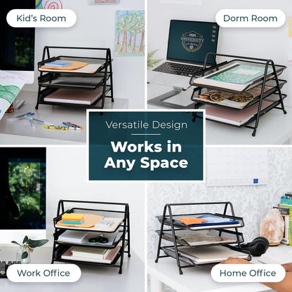 Three tier metal rack organizer on desk