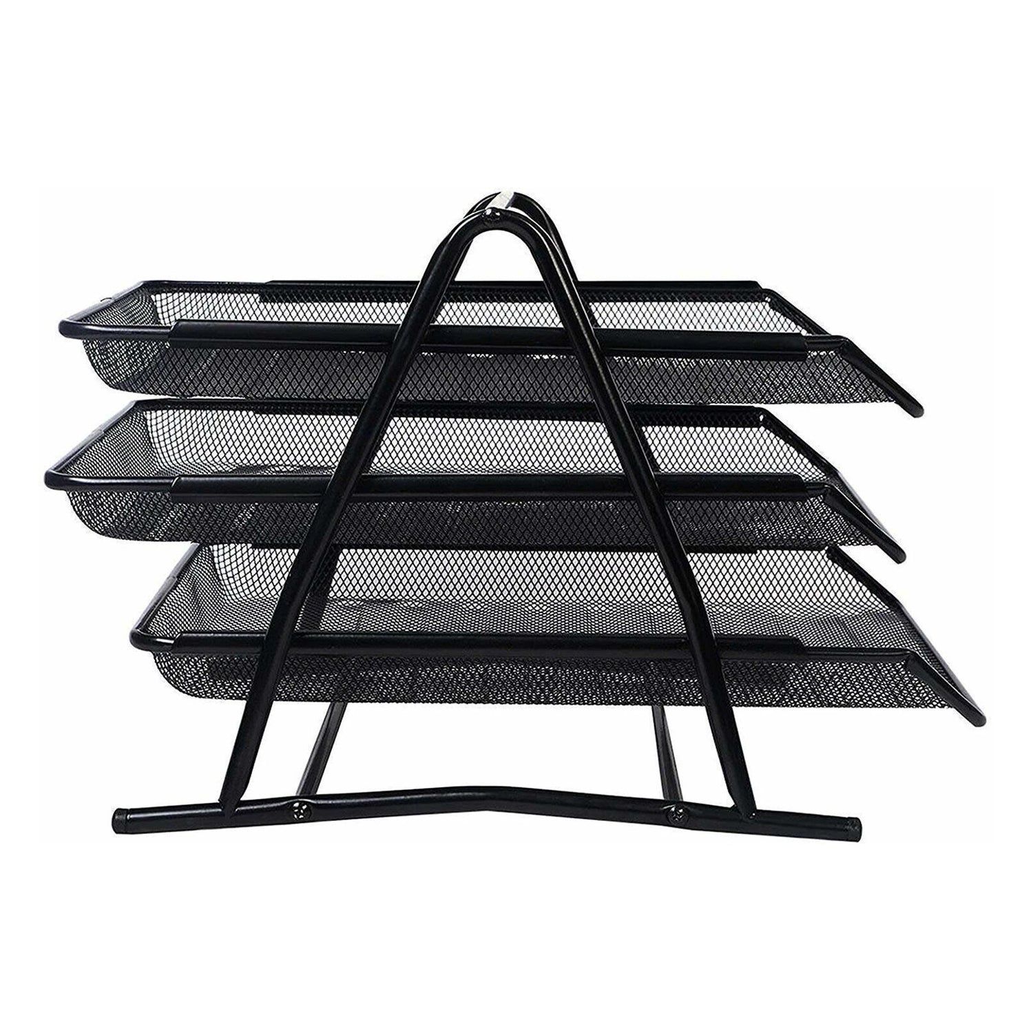 Metal file organizer rack with three shelves