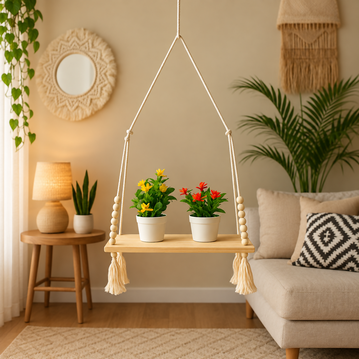 Light wood hanging shelf with two potted plants, beads, and tassels in a living room setting.