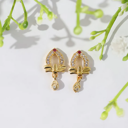 Designer Gold Earrings with Elegant Teardrop Cut & Crystal Work