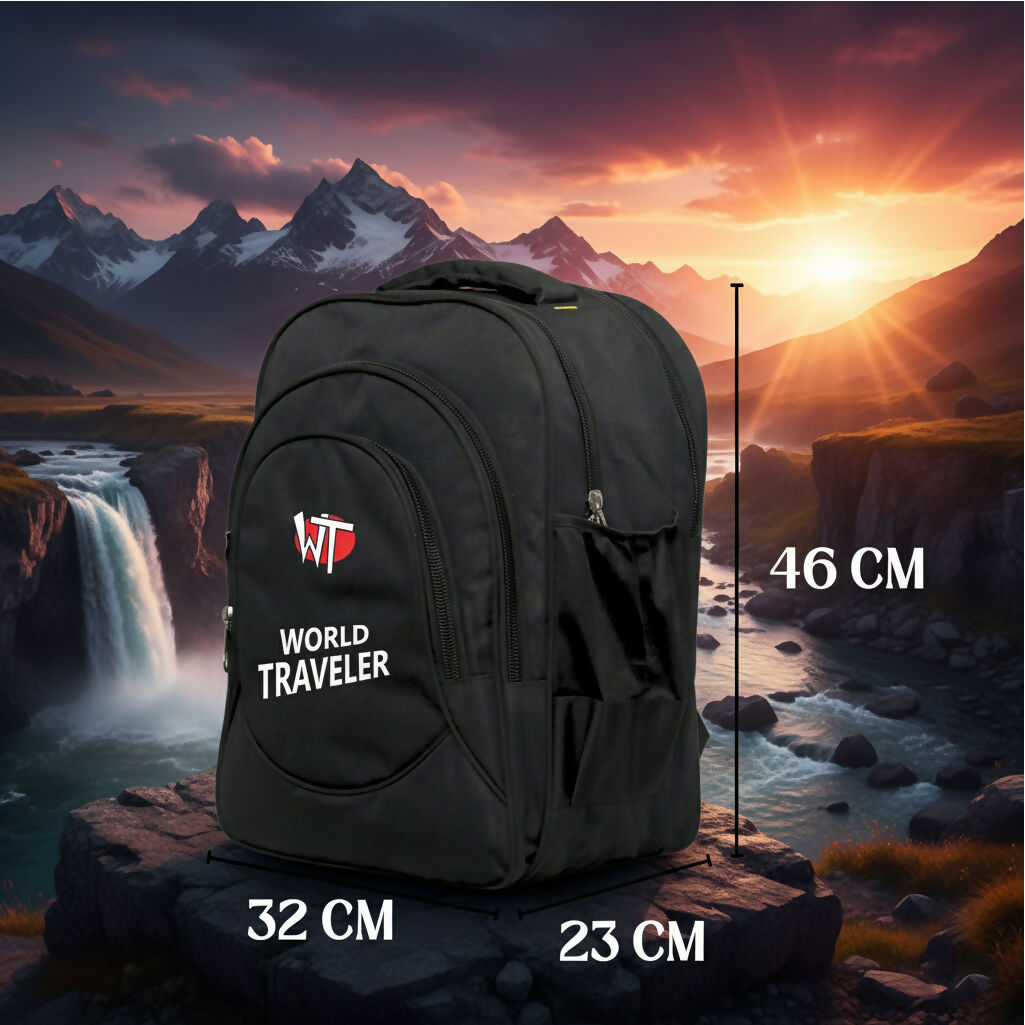 World Traveler Backpack – Lightweight Travel & Laptop Bag with Multi-Compartment Design, Durable Fabric, Black - Multicolor Logo