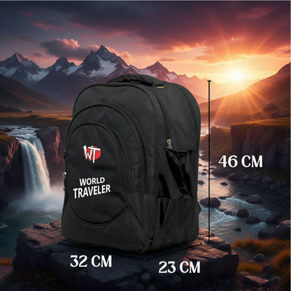 World Traveler Backpack – Lightweight Travel & Laptop Bag with Multi-Compartment Design, Durable Fabric, Black - Multicolor Logo