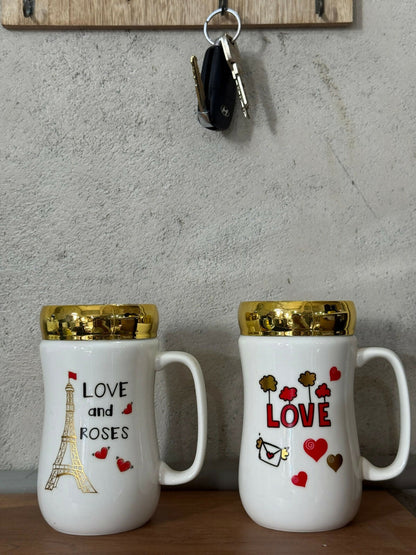 Love Printed Ceramic Mug with Golden Lid | Premium Gift Mug for Couples