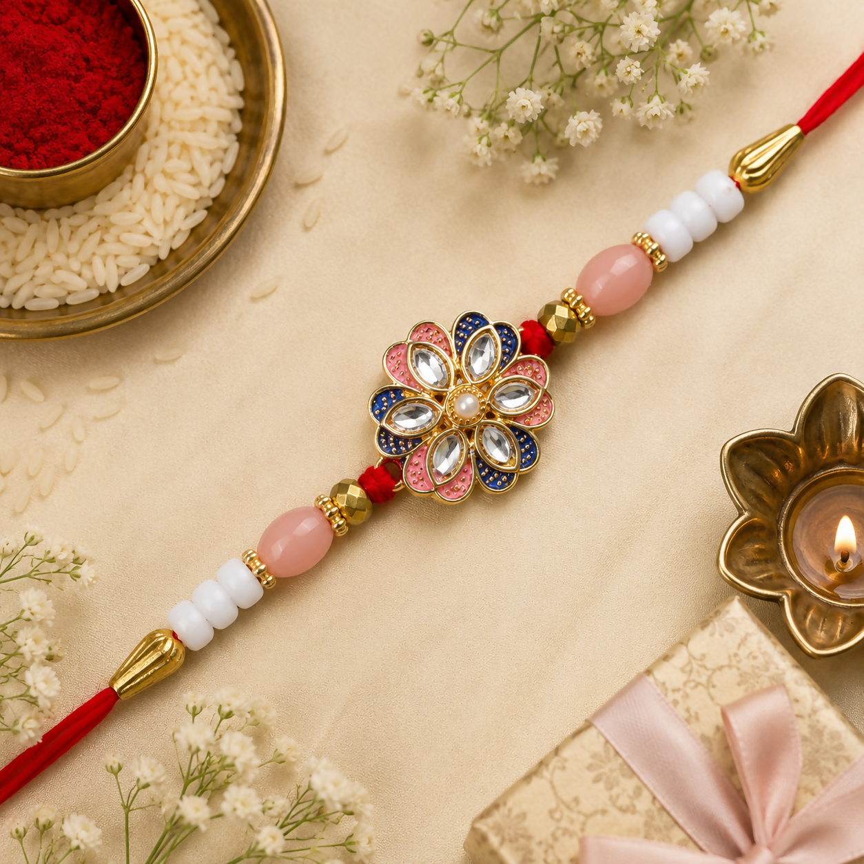 A red thread with pink and white beads, gold accents, and a central floral charm with pink, blue, and clear stones, rests on