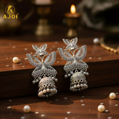 Silver Plated Butterfly Designer Jhumka Earrings with Pearl Drops for Women & Girls