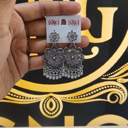 Elegant Oxidised Silver Jhumka Earings With Layered Floral Design