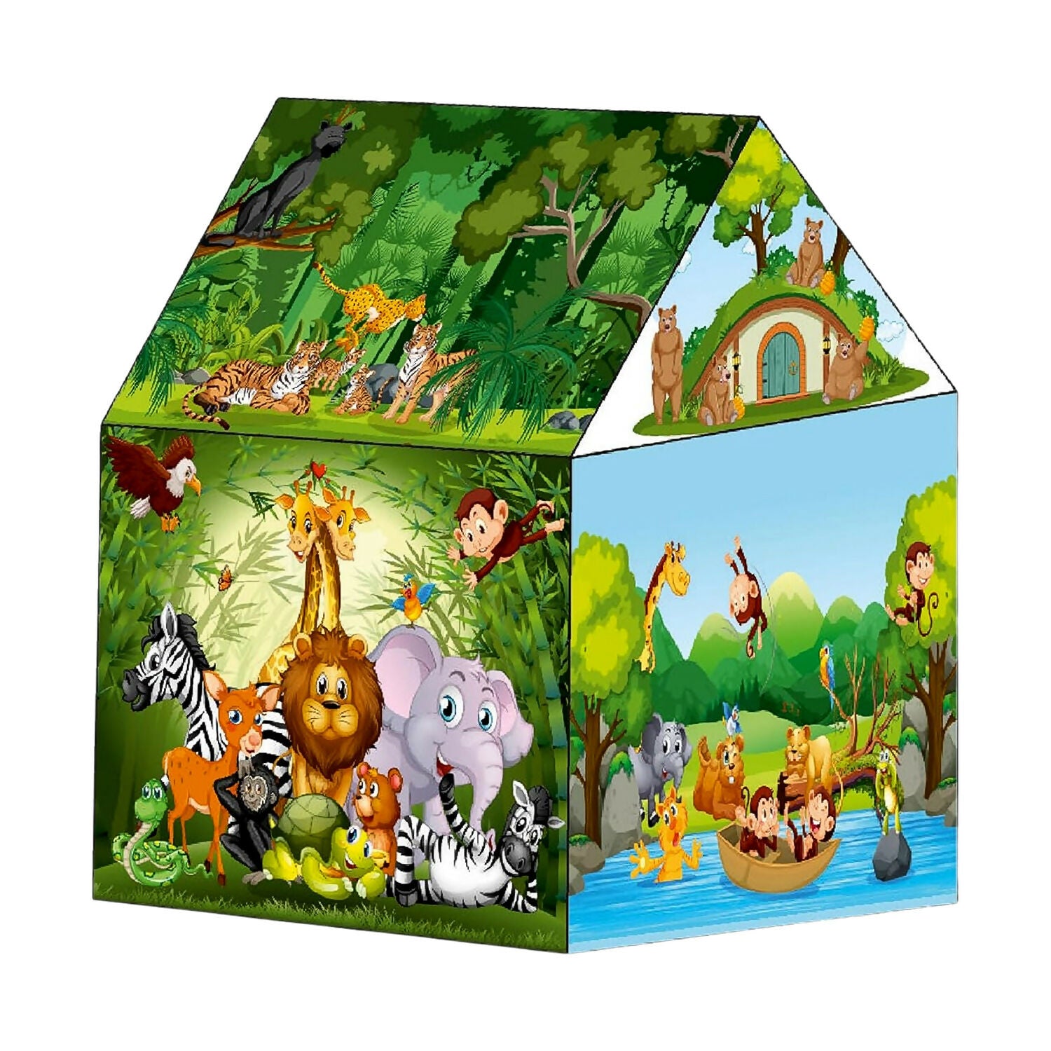 Jungle Safari Foldable Kids Play Tent House with Cartoon Animal Print for Indoor & Outdoor Fun