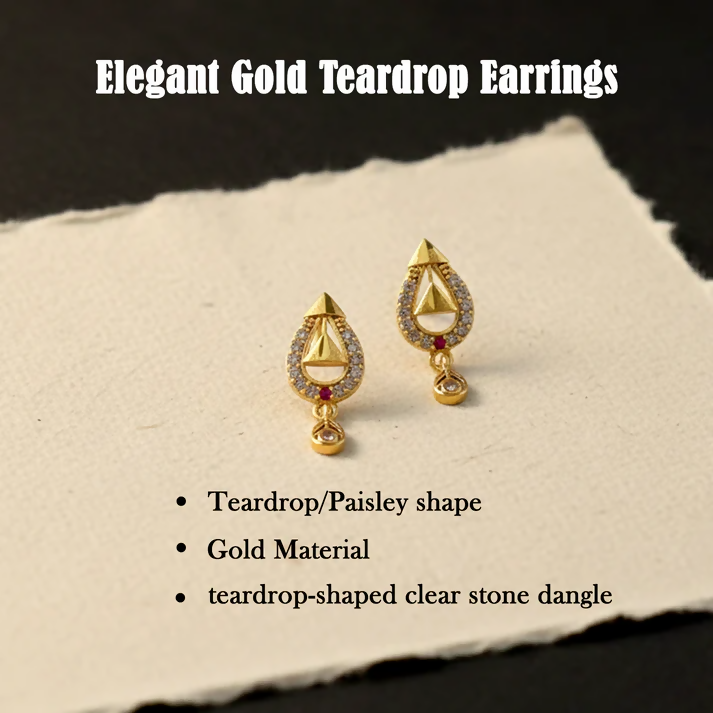 Premium Teardrop Gold Earrings with Cutwork Design & Hanging Stone