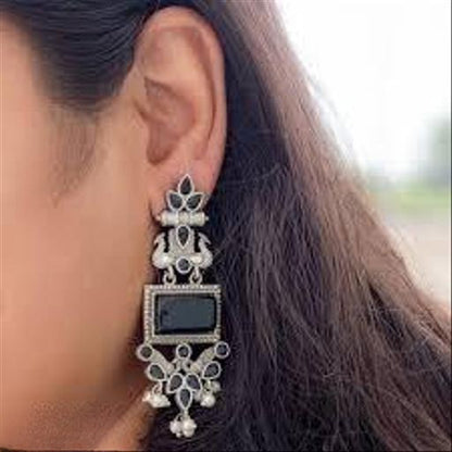 Oxidised Silver Peacock Earrings with Black Stones and Pearl Drops for Women Girls