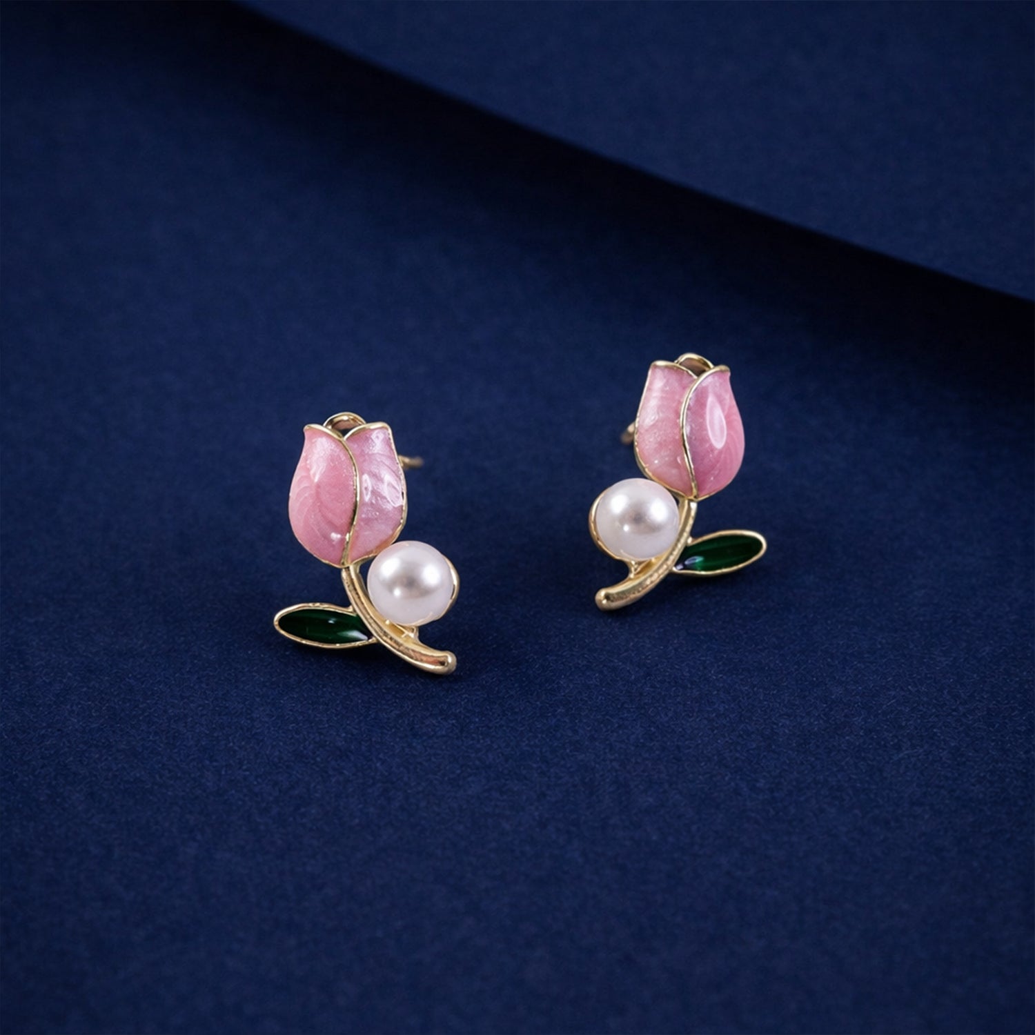 Luxury Pink Tulip Pearl Stud Earrings for Women & Girls – Gold Plated Floral Designer Earrings