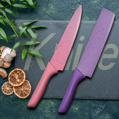 Colorful kitchen knives set, 6 pieces, sharp blades, non-stick, for slicing and paring.