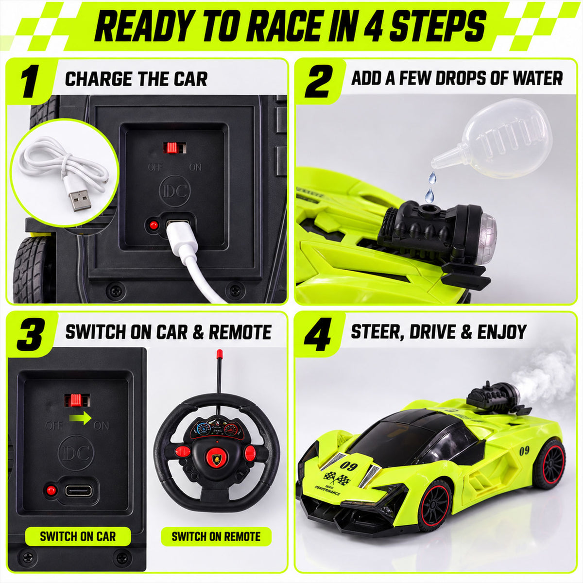 Remote Control Racing Car Toy with Water Spray Effect and LED Lights (1 Pc Set)