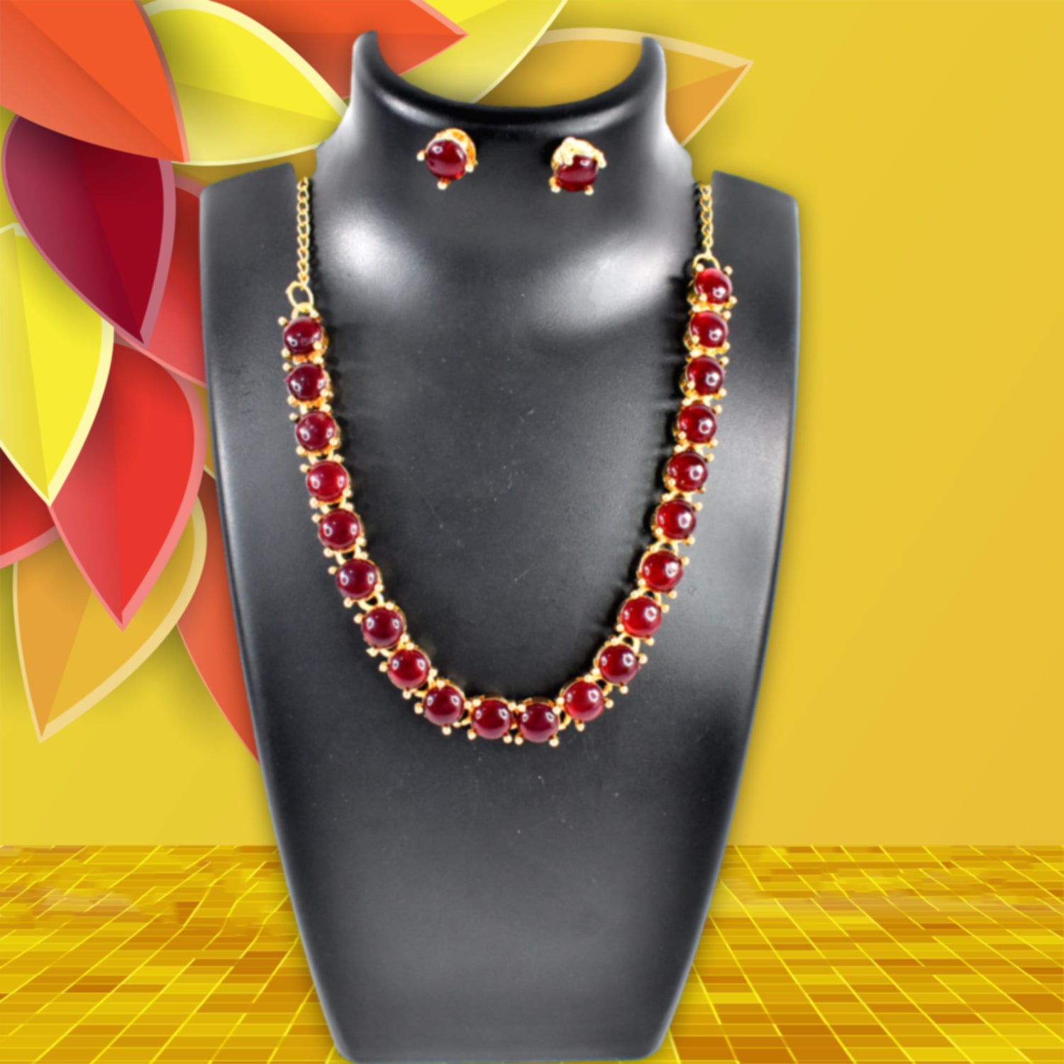 Kollam Supreme Gold-Plated Brass Red American Diamond Stone Necklace Set