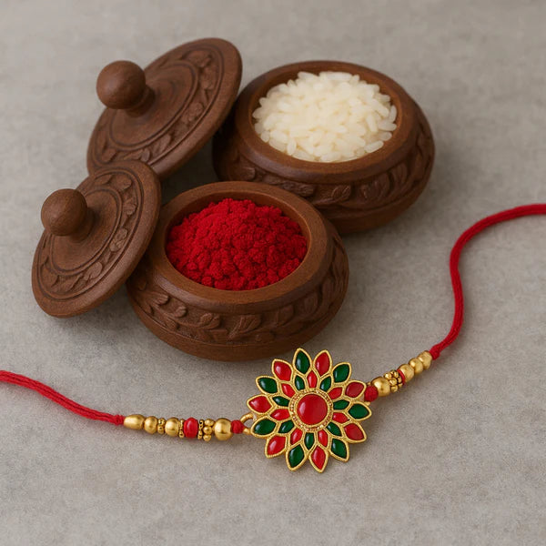 Festive red green stone flower rakhi ready for gifting